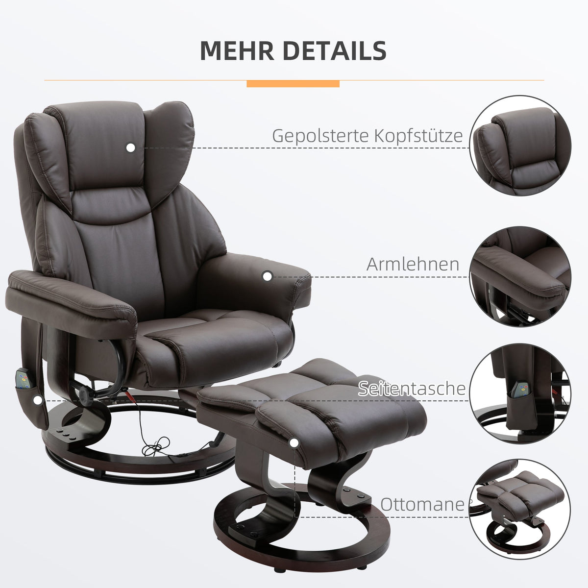 Recliner Massage Chair with Footstool, Reclining Function, Faux Leather Brown