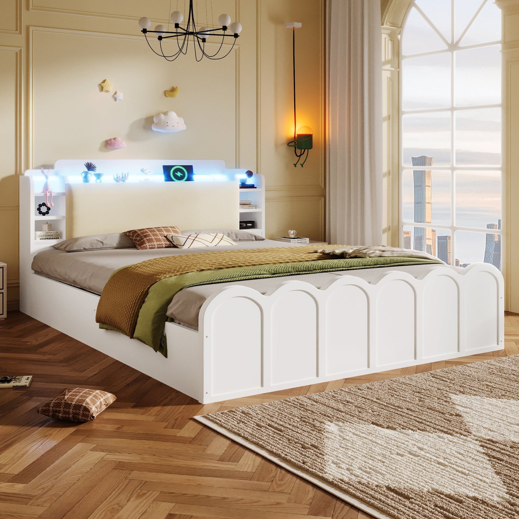 Panel Bed 140x200cm Hydraulic Storage USB-C LED Lighting White