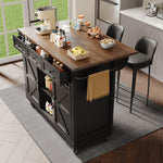 Mobile Kitchen Island Extendable Countertop 2 Sliding Doors 3 Drawers Wood Grain - Black