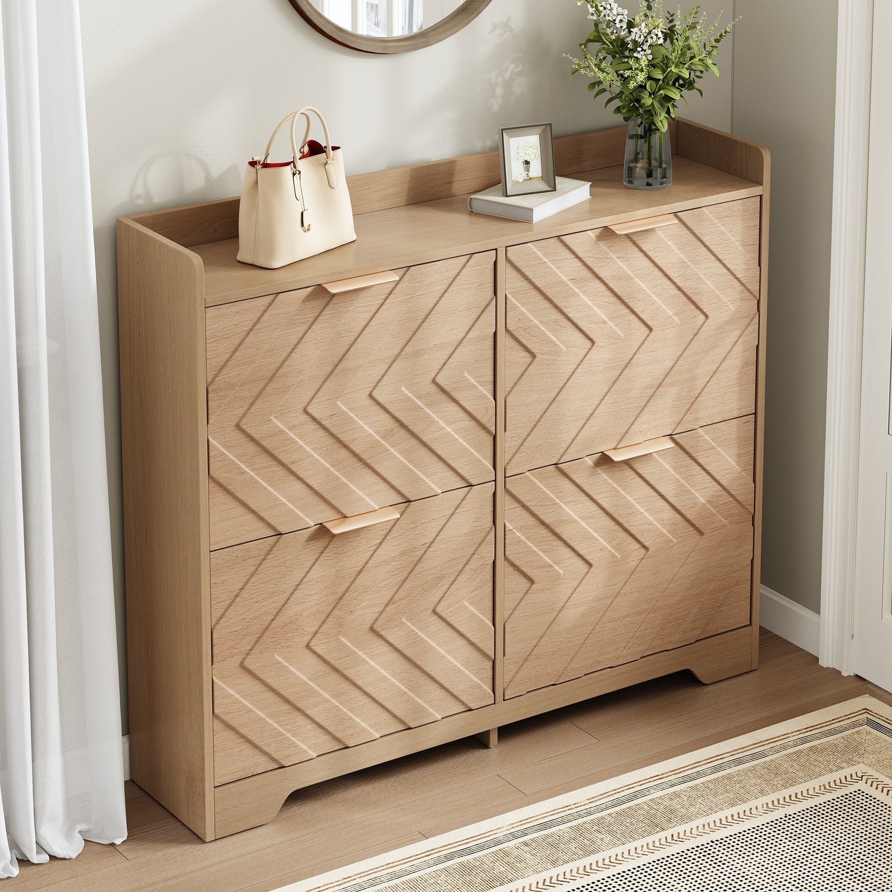 Shoe Cabinet with 4 Flip Drawers and 3D Textured Front, Space-Saving Entryway Storage, Wood White