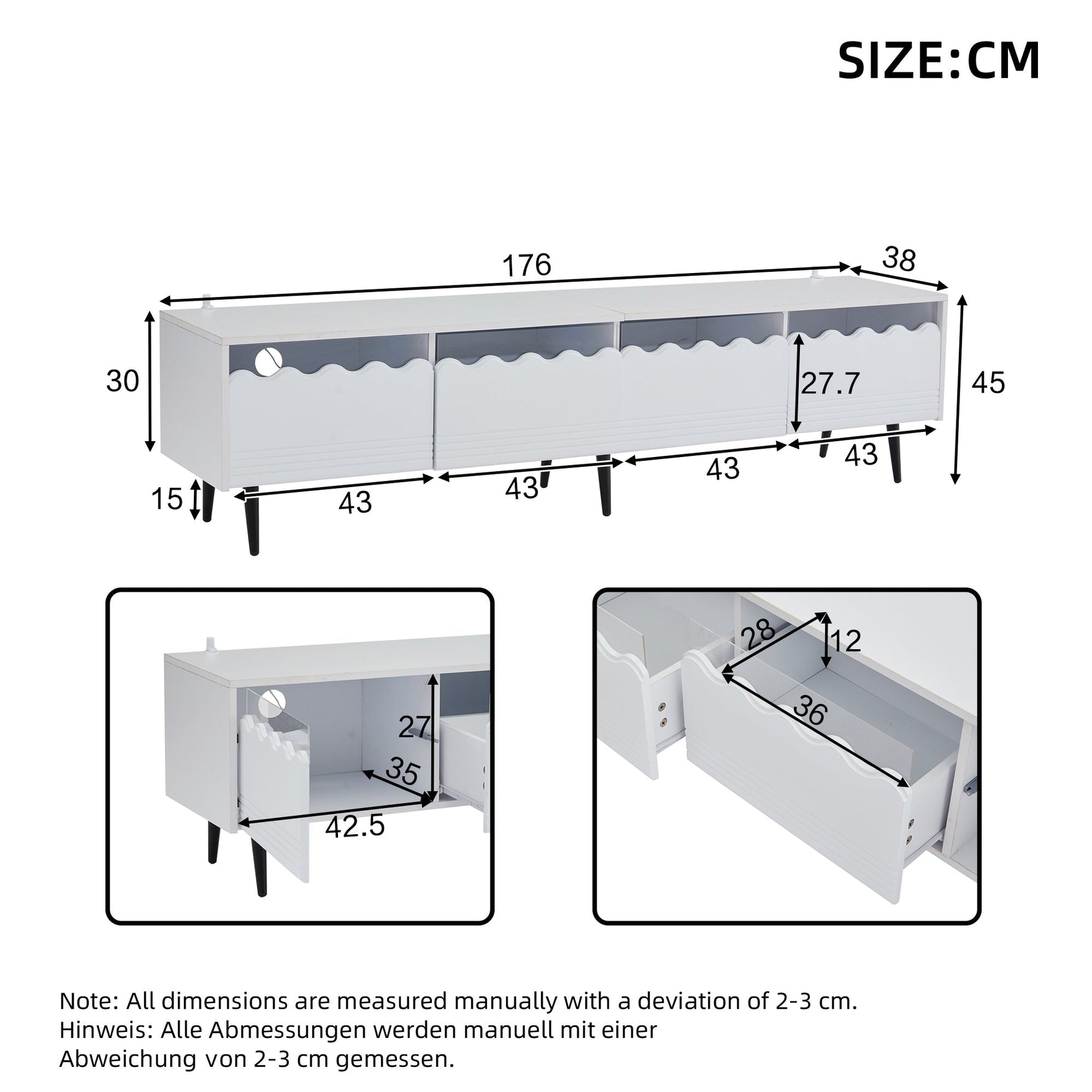 TV Stand, 176x38x45cm Lowboard with 2 Drawers & 2 Cabinets for up to 75 inch TVs, White