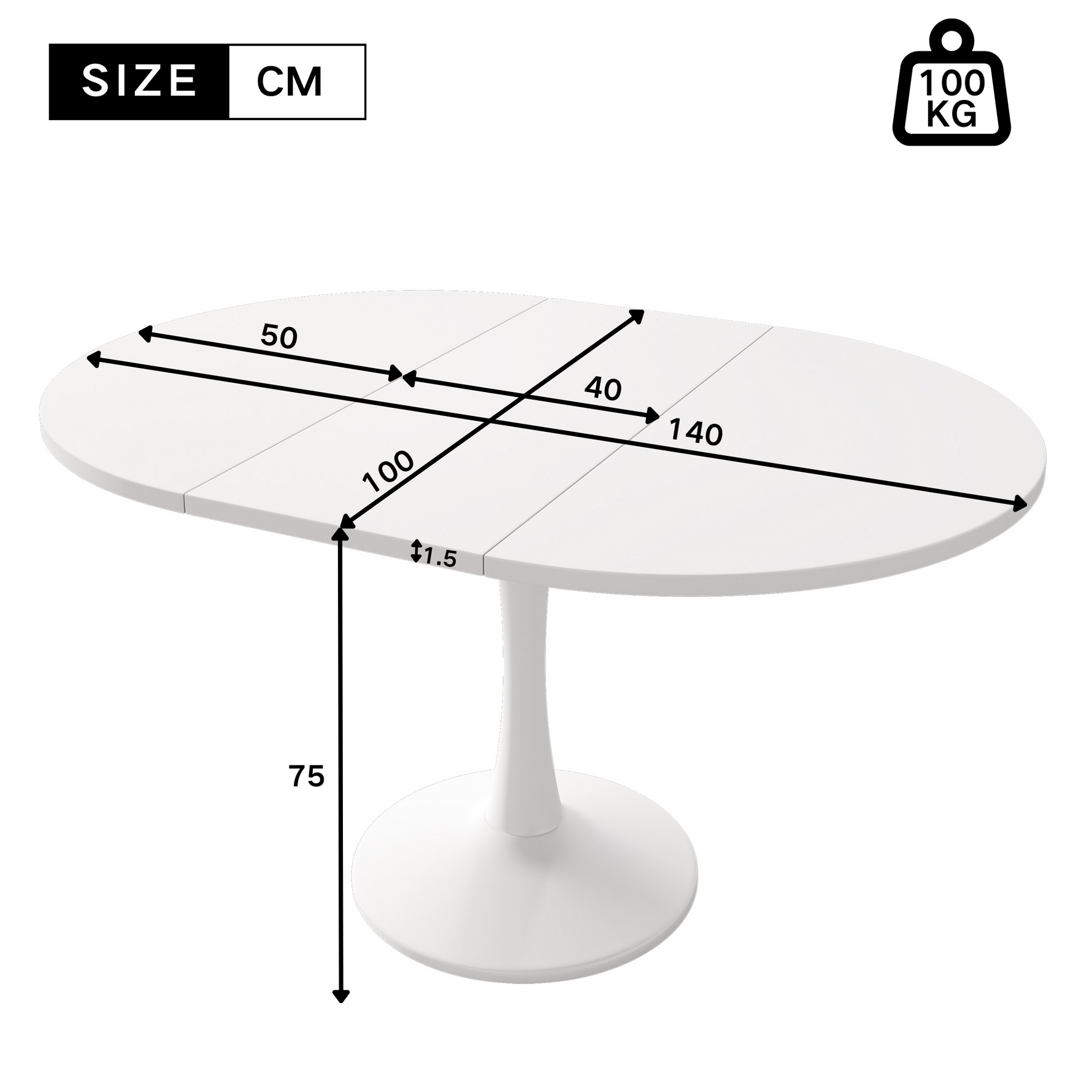 Extendable Dining Table Oval 100/140x100cm Modern Simple - White