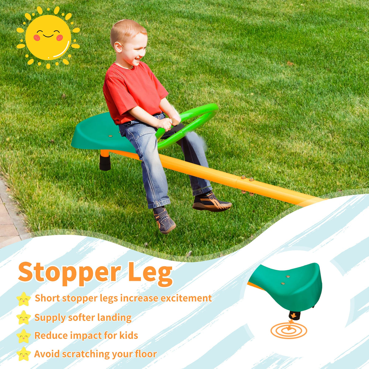 Kids Seesaw Outdoor Teeter Board Non-Slip Handle, Green Yellow