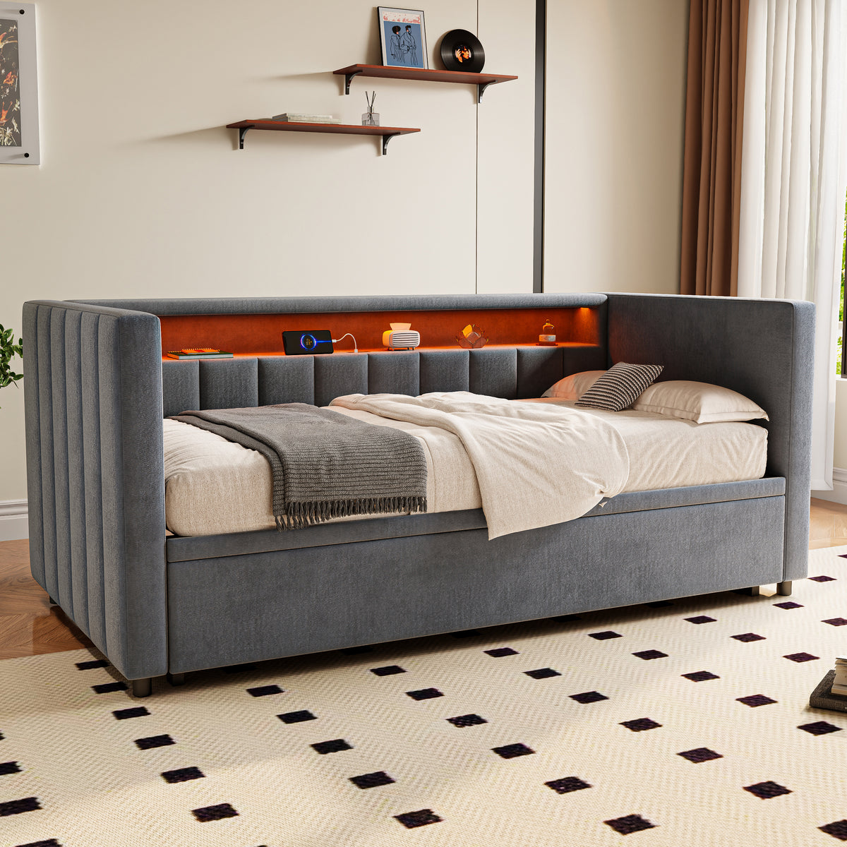 Multifunctional Sofa Bed 90x190cm, Pull-Out & Storage, Gray Velvet