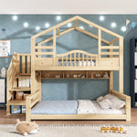 Children's Bunk House Bed 90x200/140x200 with Storage, Natural Wood