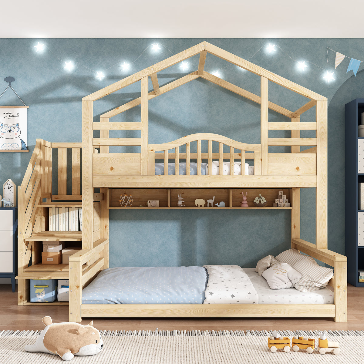 Children's Bunk House Bed 90x200/140x200 with Storage, Natural Wood
