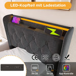 Upholstered Single Bed, Hydraulic Storage LED USB-C Headboard 90x200 cm, Grey Linen