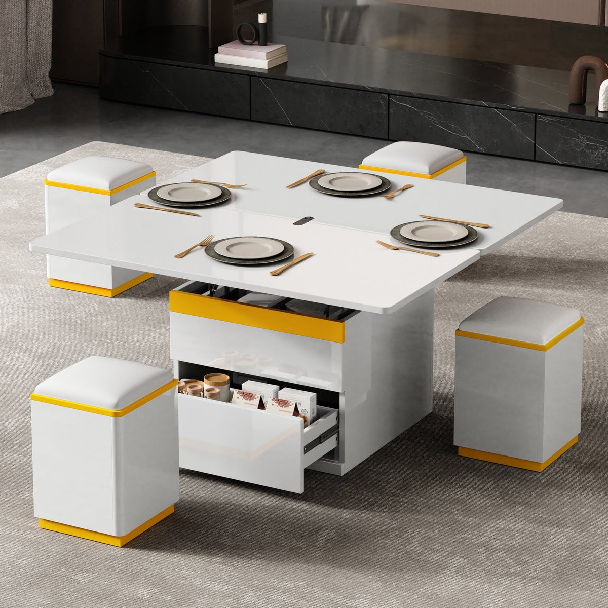 Coffee Table Multifunctional High-Gloss Adjustable Foldable Dining 100x50x43cm - White