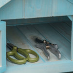 garden cabinet tool shed with shelves and windows, wood in light blue and green