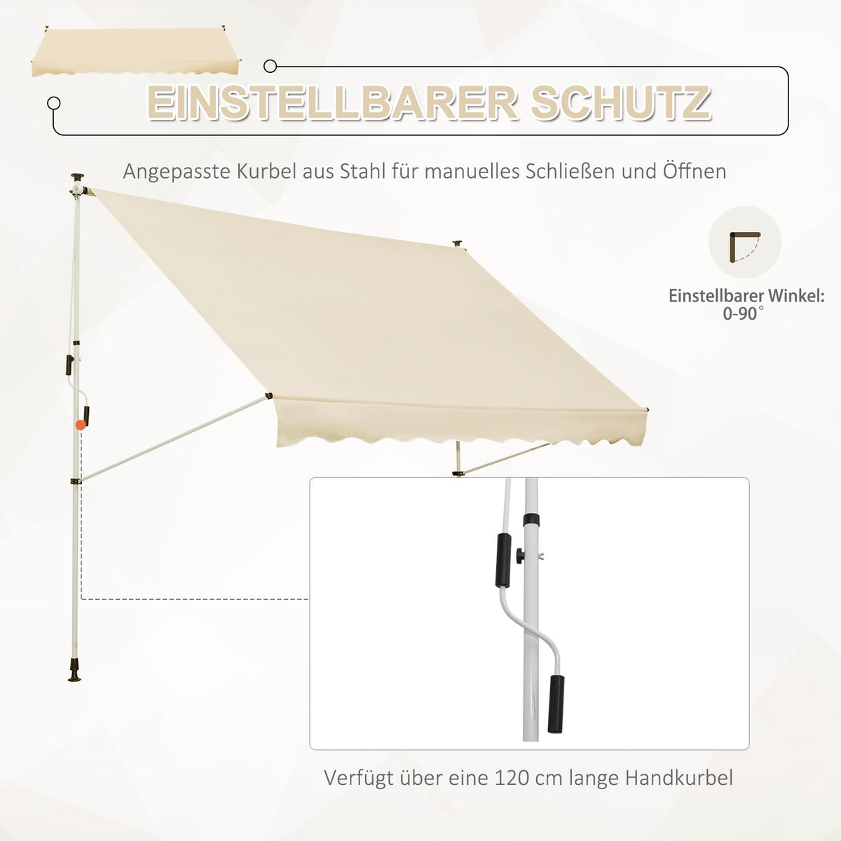 Folding Arm Awning, 300x150cm Height Adjustable Sunshade with Hand Crank, Aluminum Beige