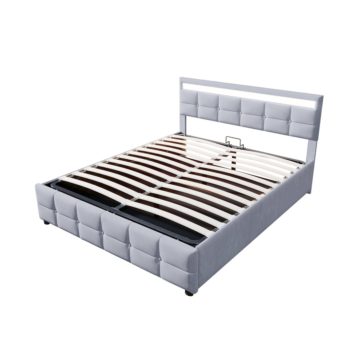 Upholstered Bed with LED Lights, Slatted Frame, Hydraulic, Dutch Velvet Fabric, Grey