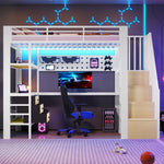 Loft Bed 90x200cm with Desk, Drawer & LED - White Metal