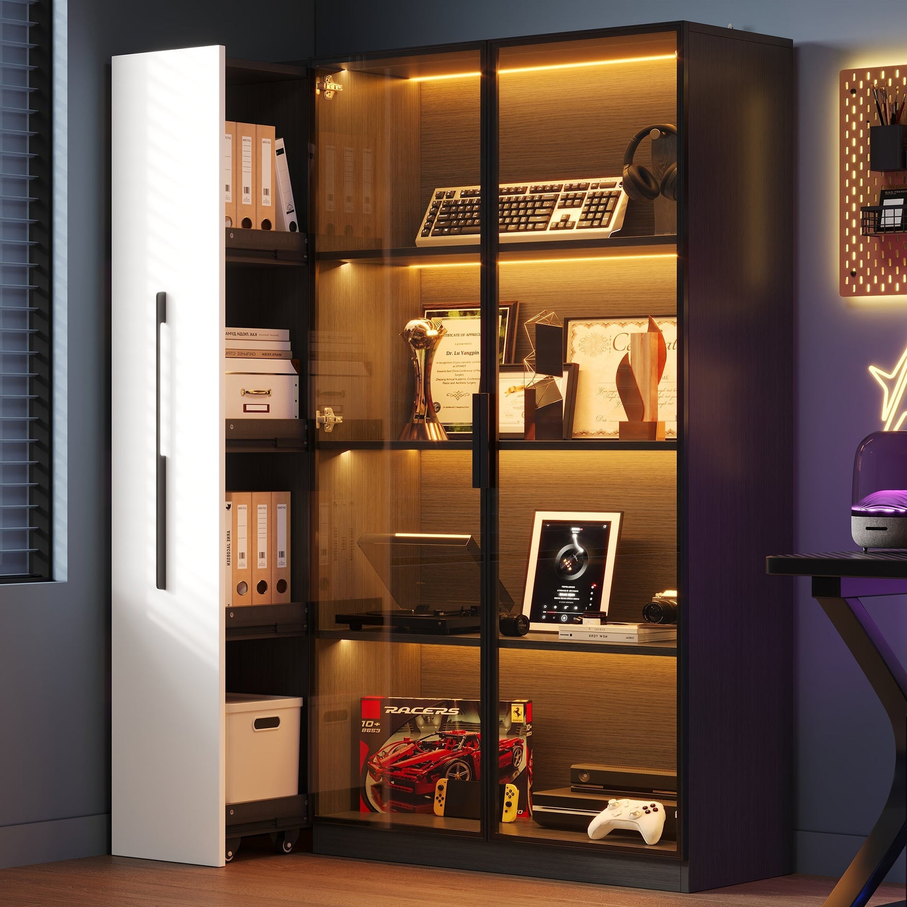 Multifunctional Cabinet 110.5x35x160cm LED Glass Door Pull-out Drawer Rolling - White/Black