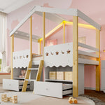 House Shape Loft Bed 90x200cm with 2 Drawers & LED, White + Natural