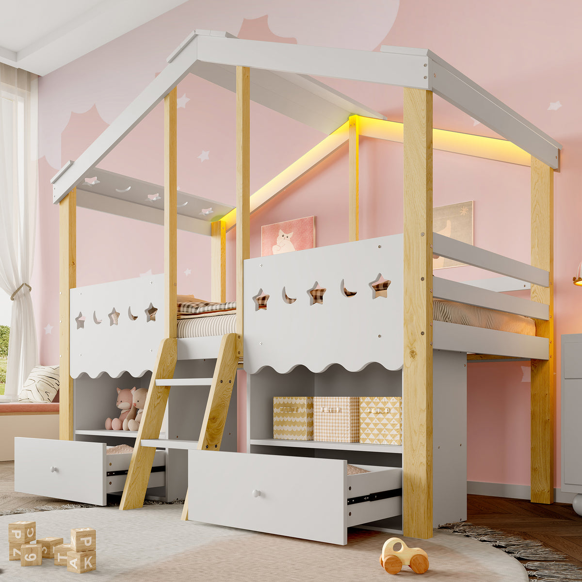 House Shape Loft Bed 90x200cm with 2 Drawers & LED, White + Natural