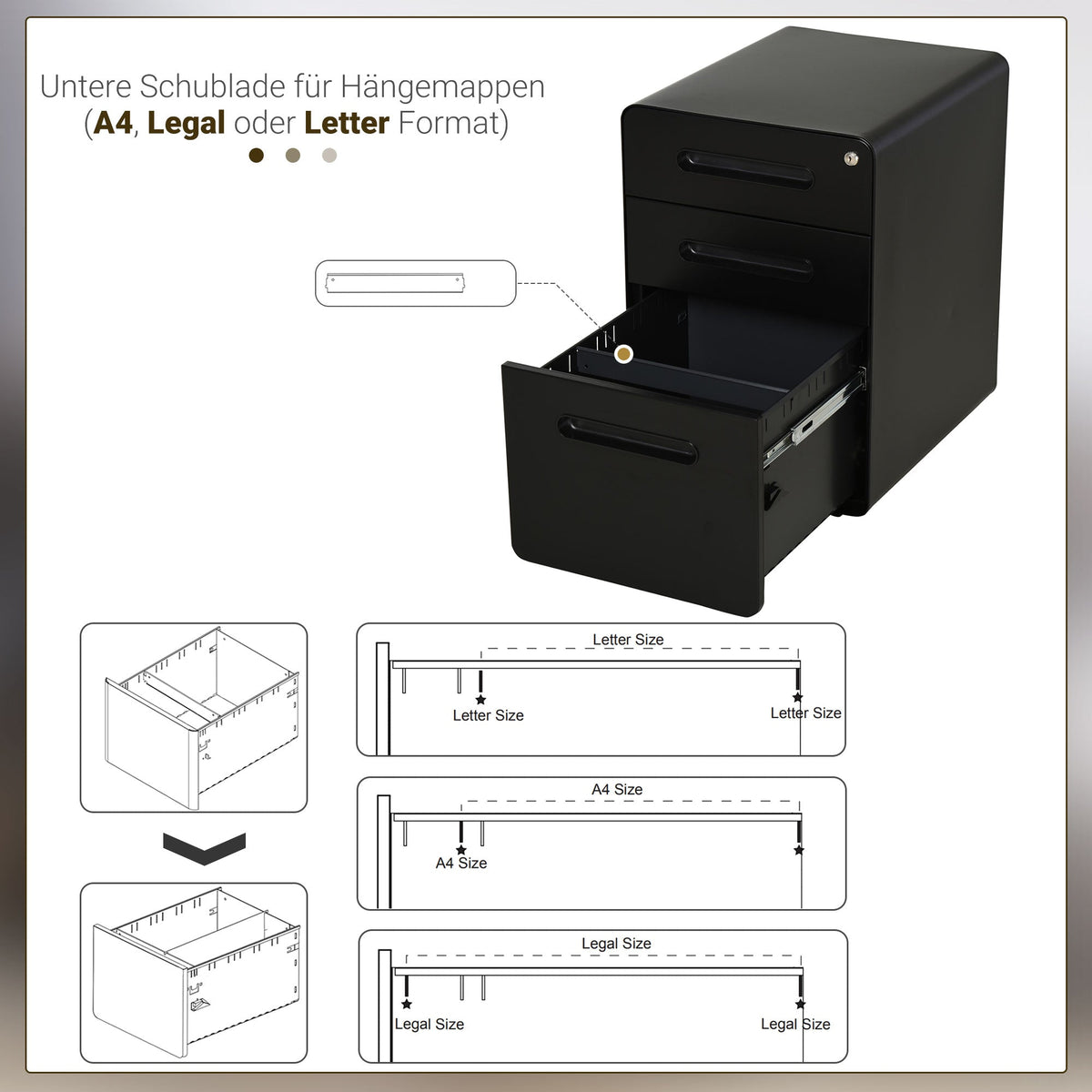Rolling File Cabinet, 3-Drawer Office Container Steel Black