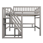 Solid Wood Bed 140x200 with Storage Stairs & Railing, Grey