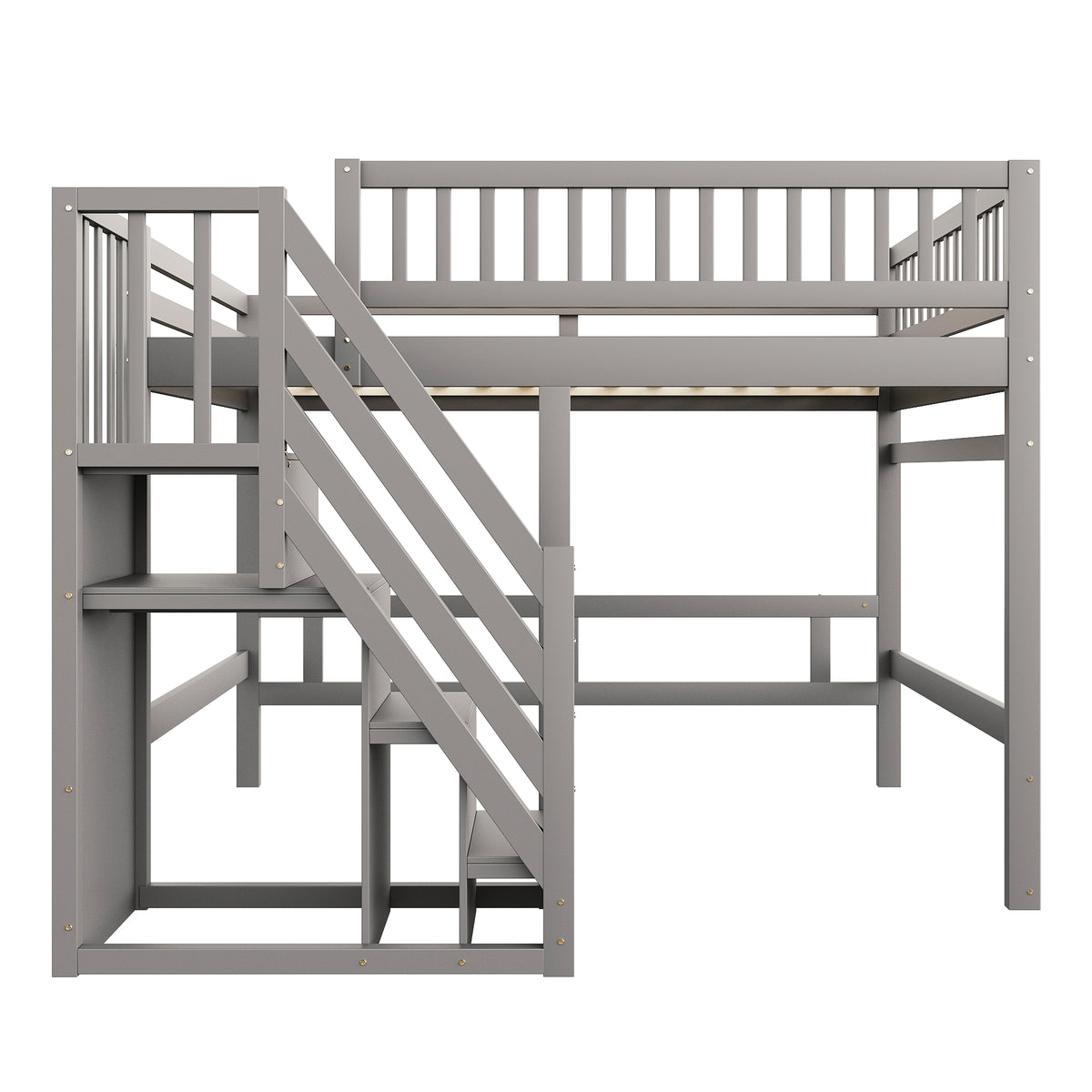 Solid Wood Bed 140x200 with Storage Stairs & Railing, Grey