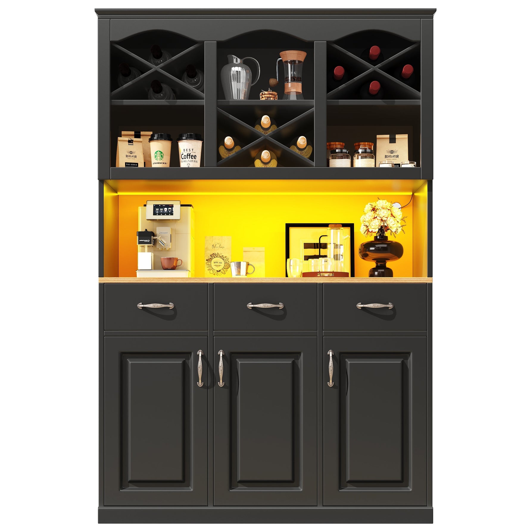 Kitchen Cabinet Tall Buffet 120cm 3 Doors 3 Drawers LED Black