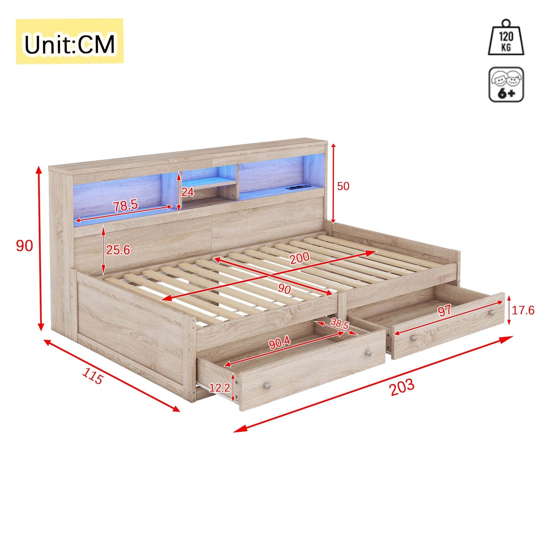 Daybed Sofa Bed 90x200cm Nightstand USB Charging Ambient Lighting 2 Drawers Chipboard Natural