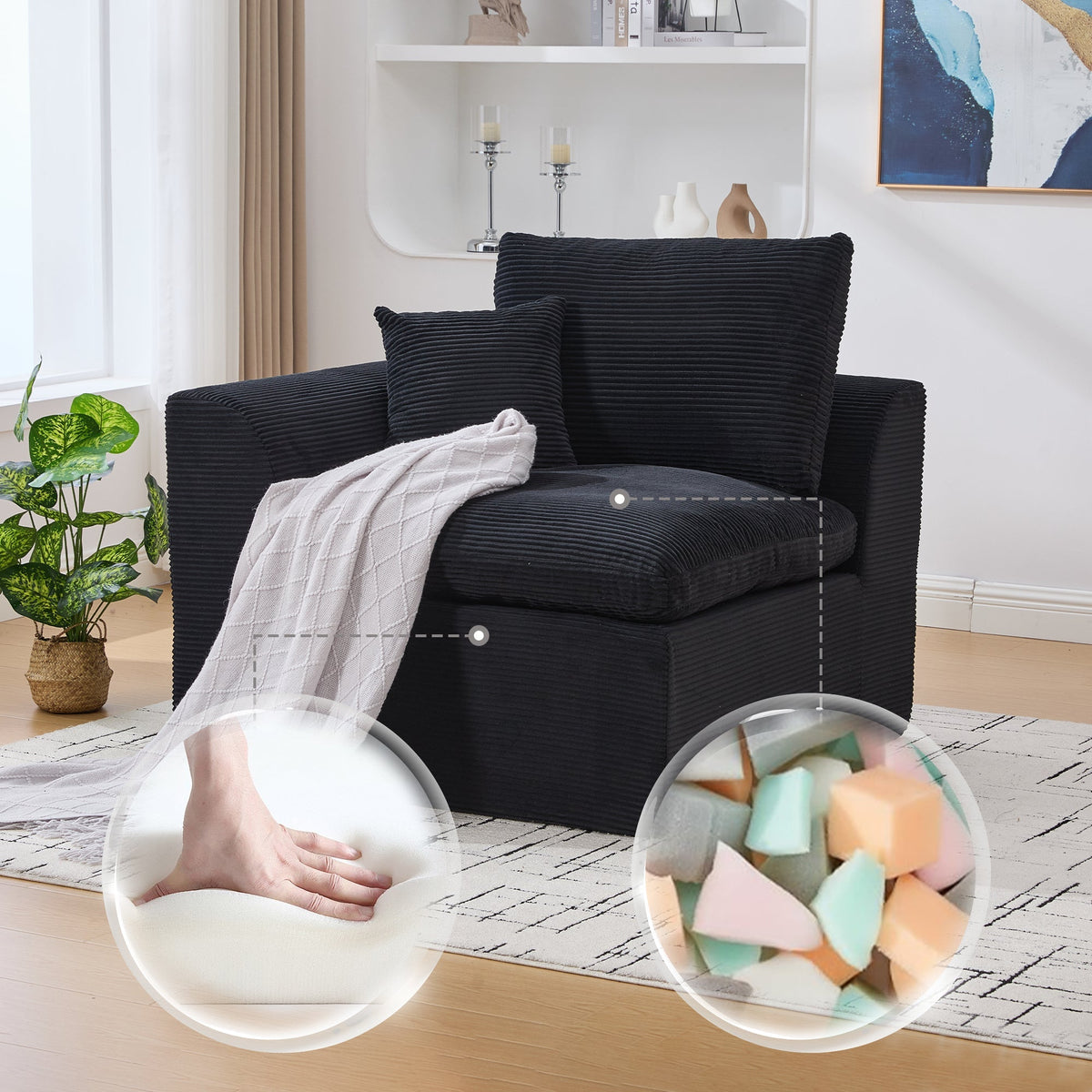 Nordic Style Single-Seater Armchair with Cushions - Fabric