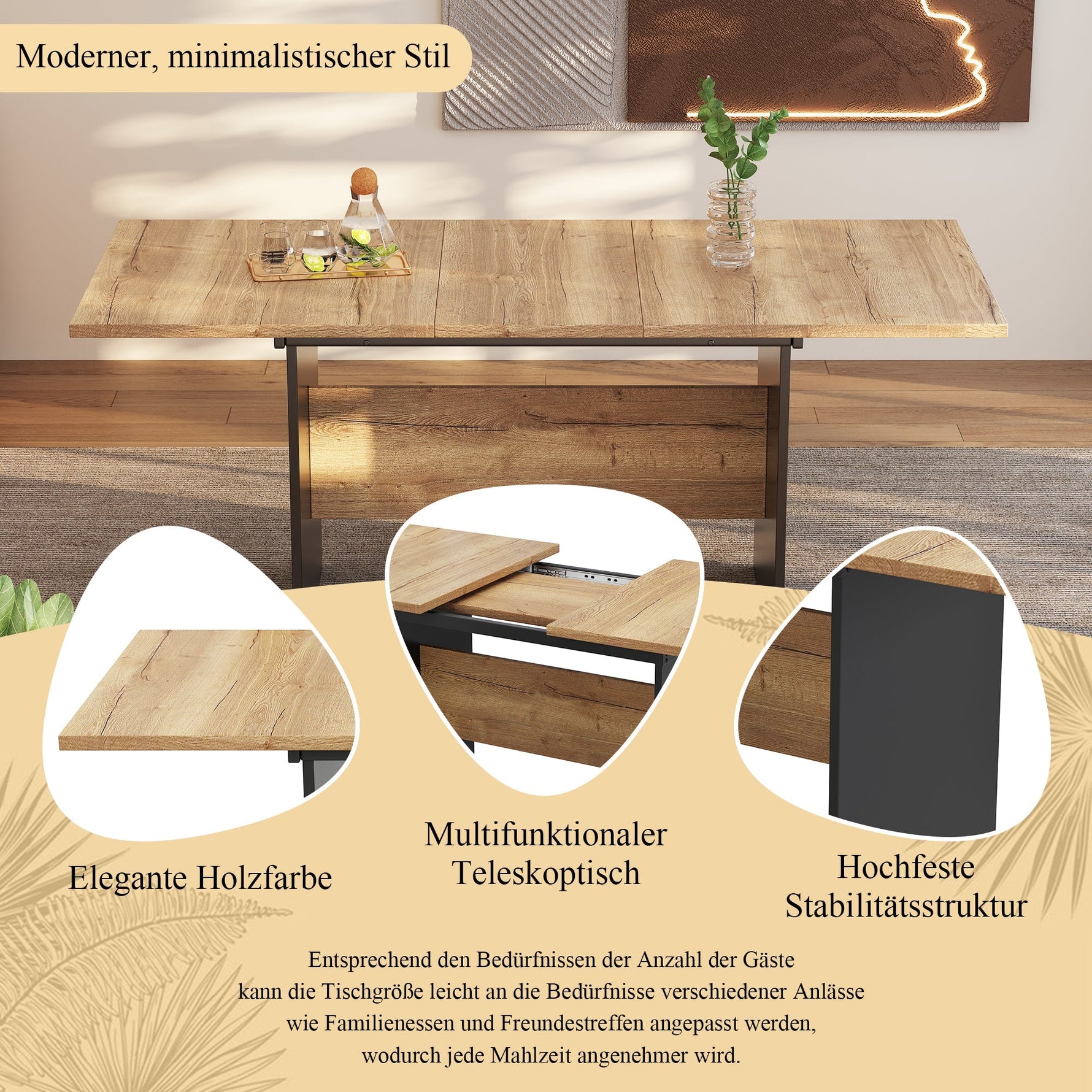 Extendable Dining Table 140/180x80cm Rectangular Wood Grain Minimalist Style Natural