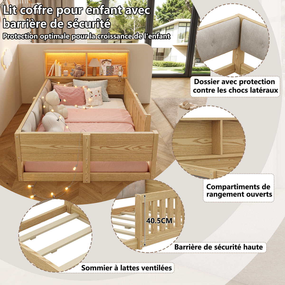 Children's Flatbed 90x200cm with Railings & LED Light, Natural