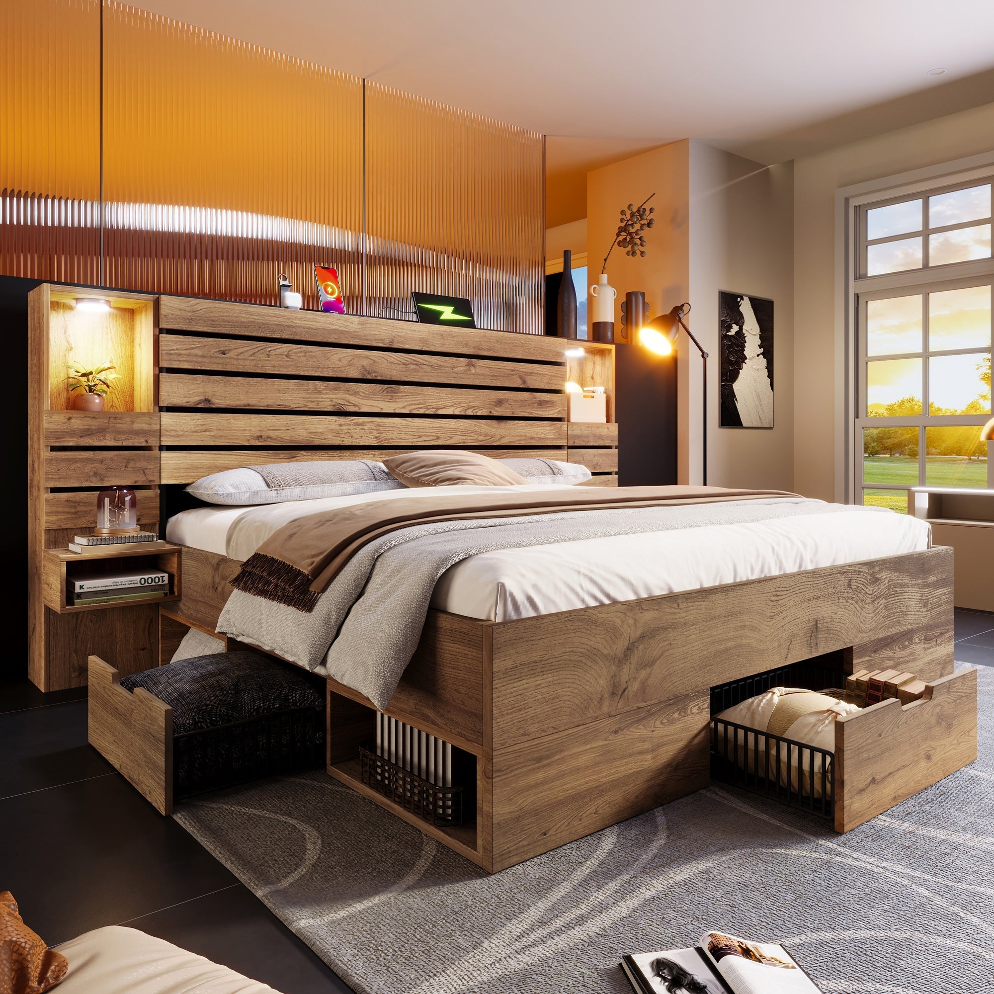 Wooden Double Bed with LED, USB Type-C, Floating Bedside Tables and Storage, 160x200cm, Oak Look