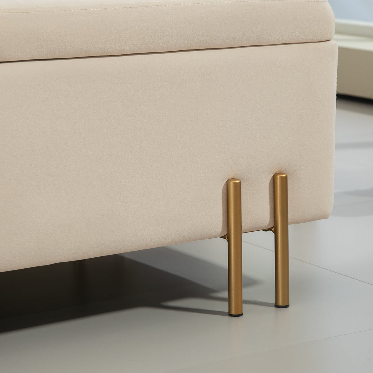 Bench with storage, upholstered velvet, wooden legs, 100 x 40 x 42 cm, beige