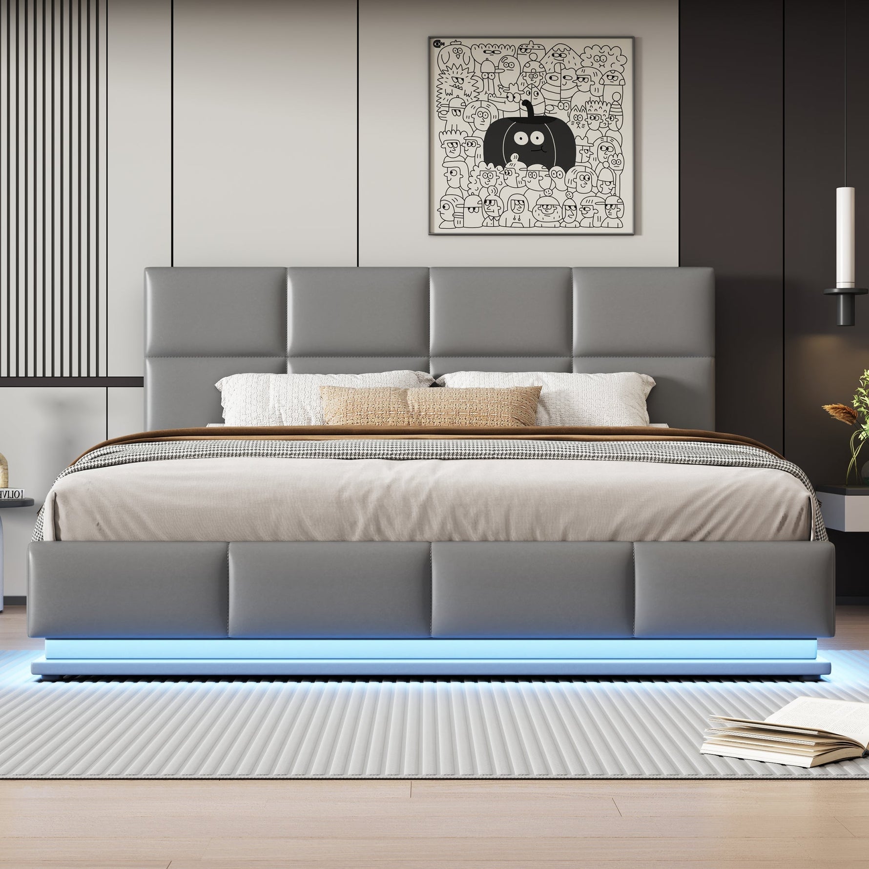 Upholstered Bed, 180x200cm LED & Hydraulic Storage, Faux Leather Light Grey