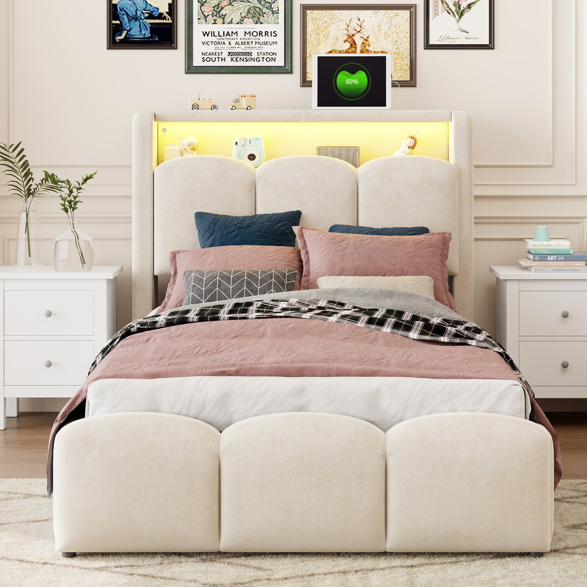 Upholstered Bed 90x200 with Storage & LED, Beige Velvet