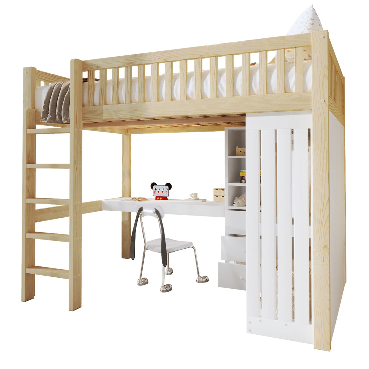Loft Bed with Desk, Wardrobe and 3 Drawers, Natural