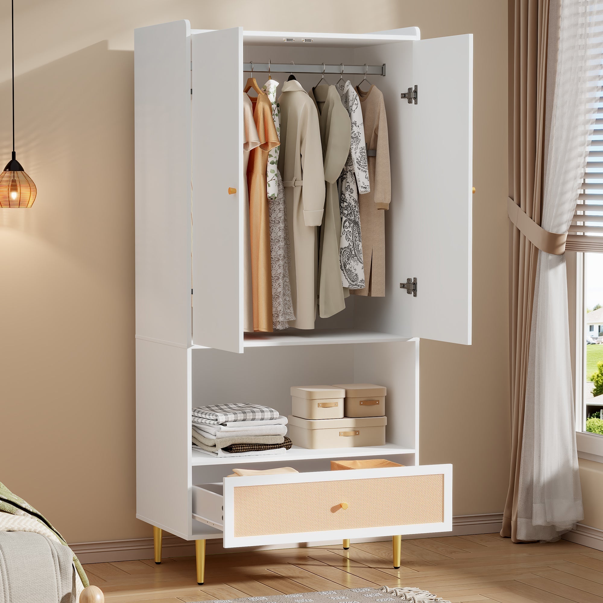 Wardrobe with 2 Doors, Rattan Drawer and Clothes Rail, White