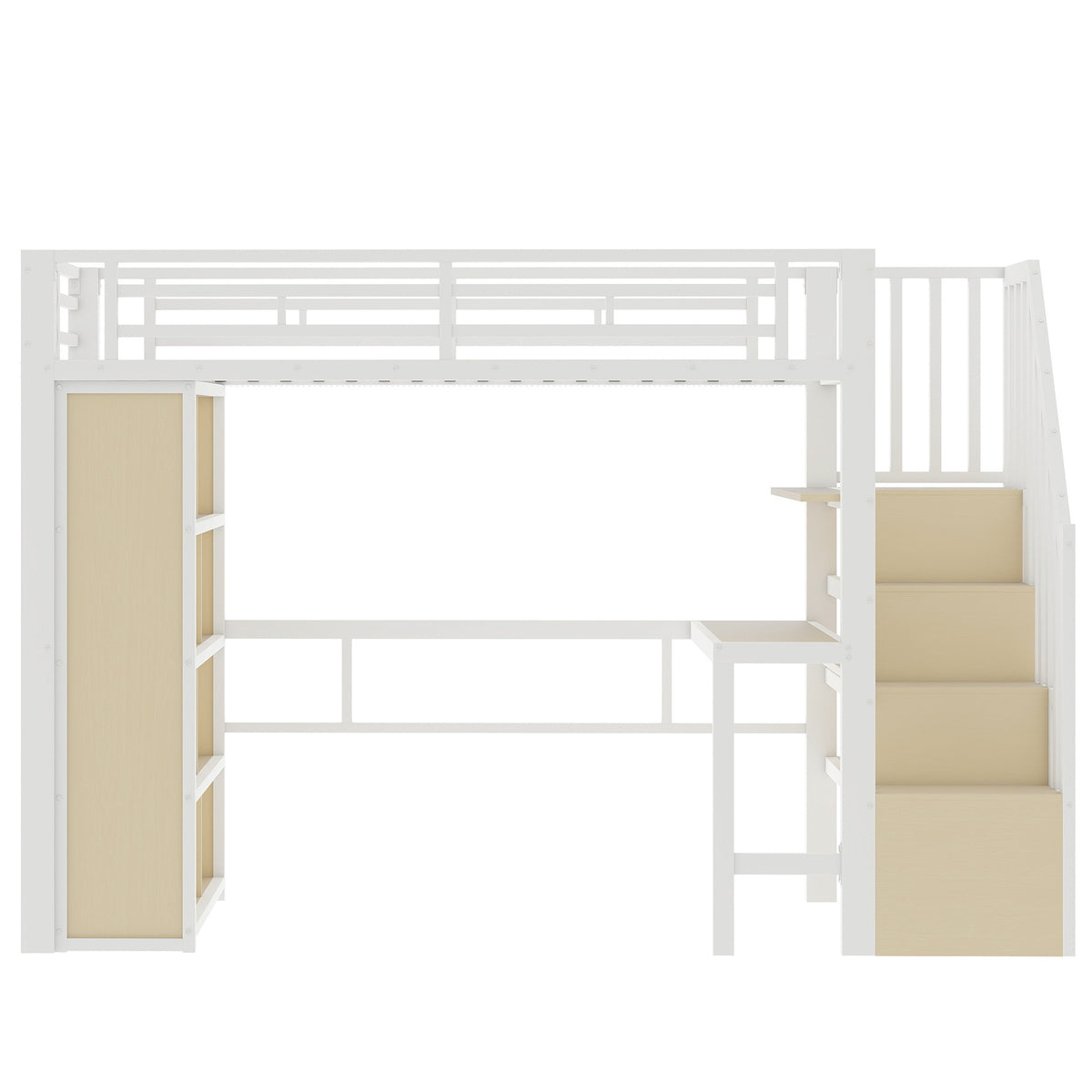 Loft Bed 90x200cm with Desk, Storage & LED Light - White Iron Frame