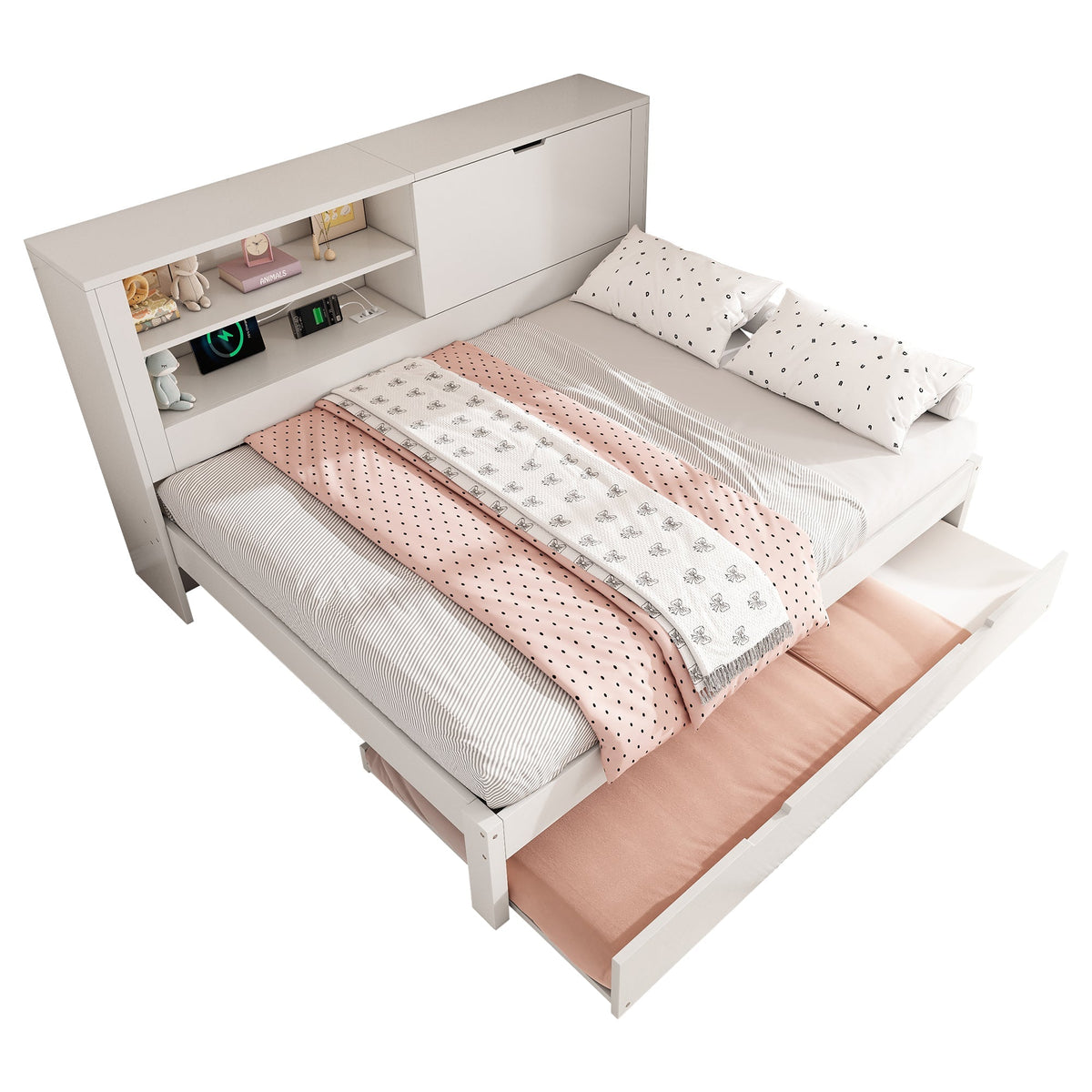 Sofa Bed Double Bed 140x190cm Pull-out Bed 90x190cm Storage USB/Type-C White