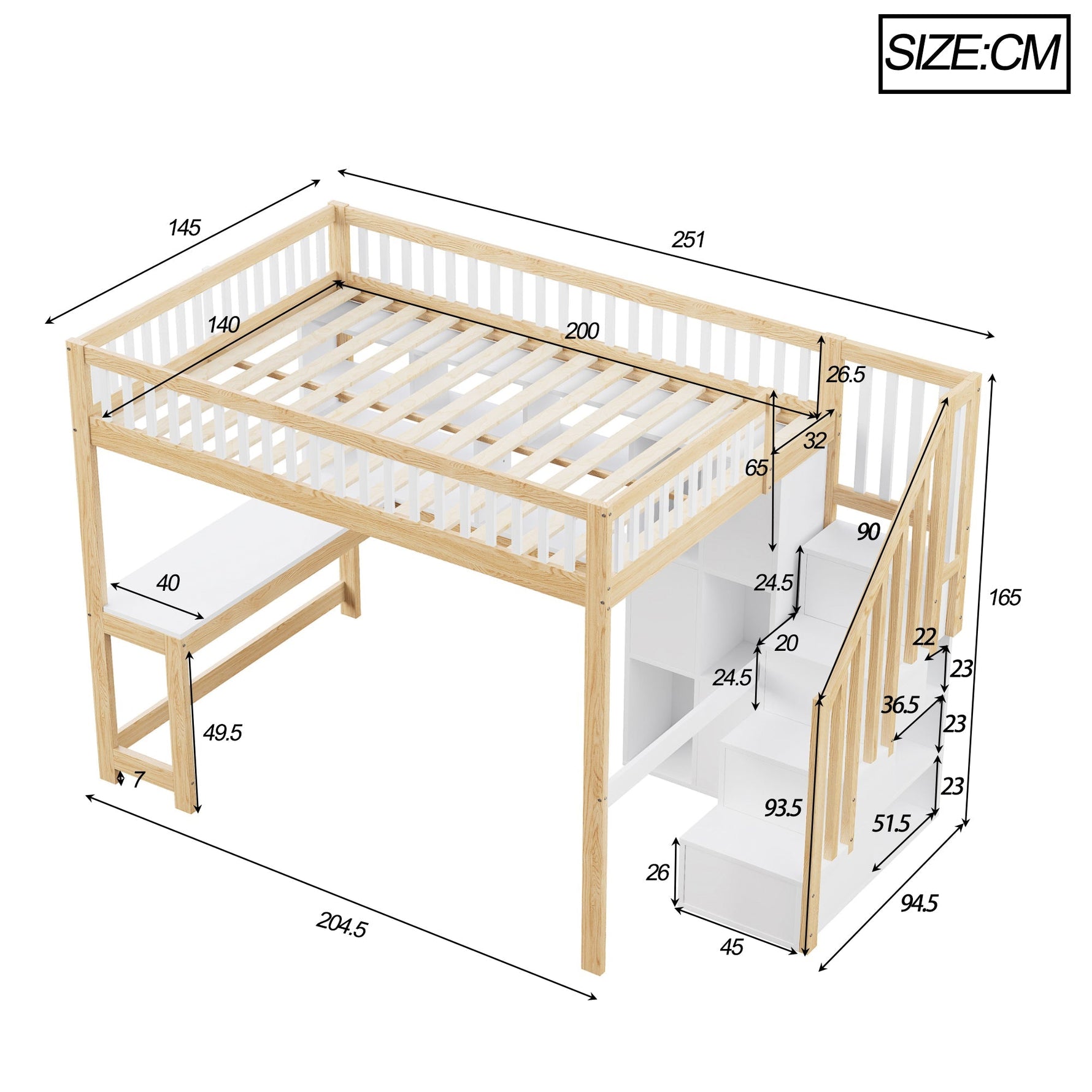 Loft Bed with Desk, LED Lights and Storage Shelves, 140x200cm, White and Natural