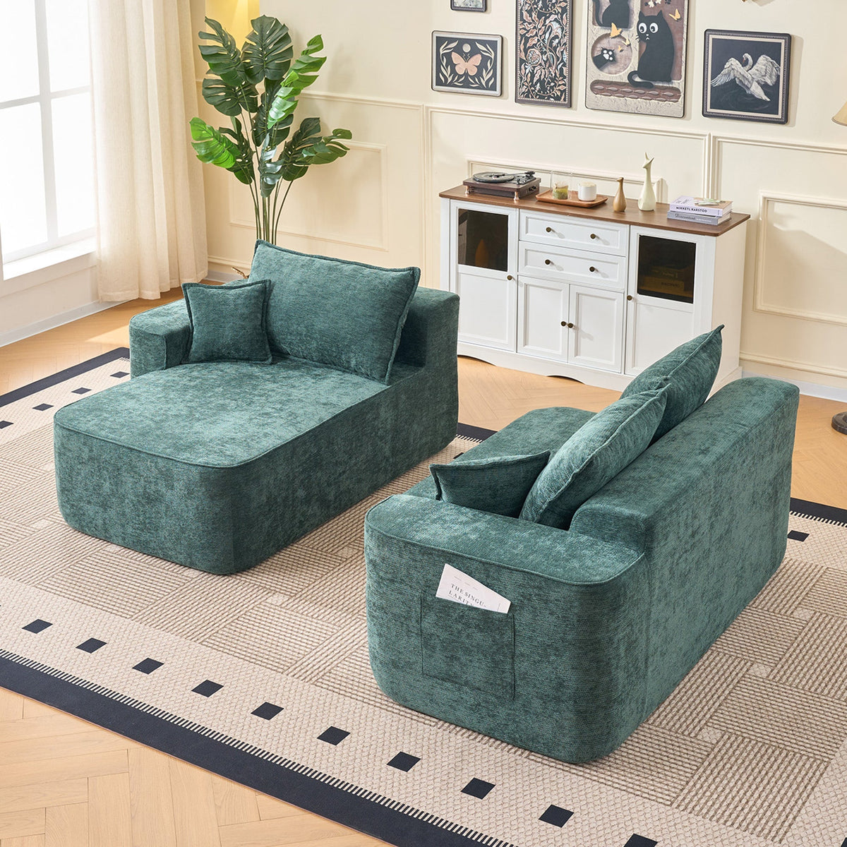Cloud Couch L-Shaped Corner Sofa, 262cm with XXL Deep Seat and Chaise Longue, Green Chenille