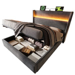 Hydraulic Double Bed 140x200cm, High Headboard LED Storage USB, Linen Look Grey