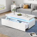 Coffee Table LED High-Gloss with 2 Drawers Geometric Design White