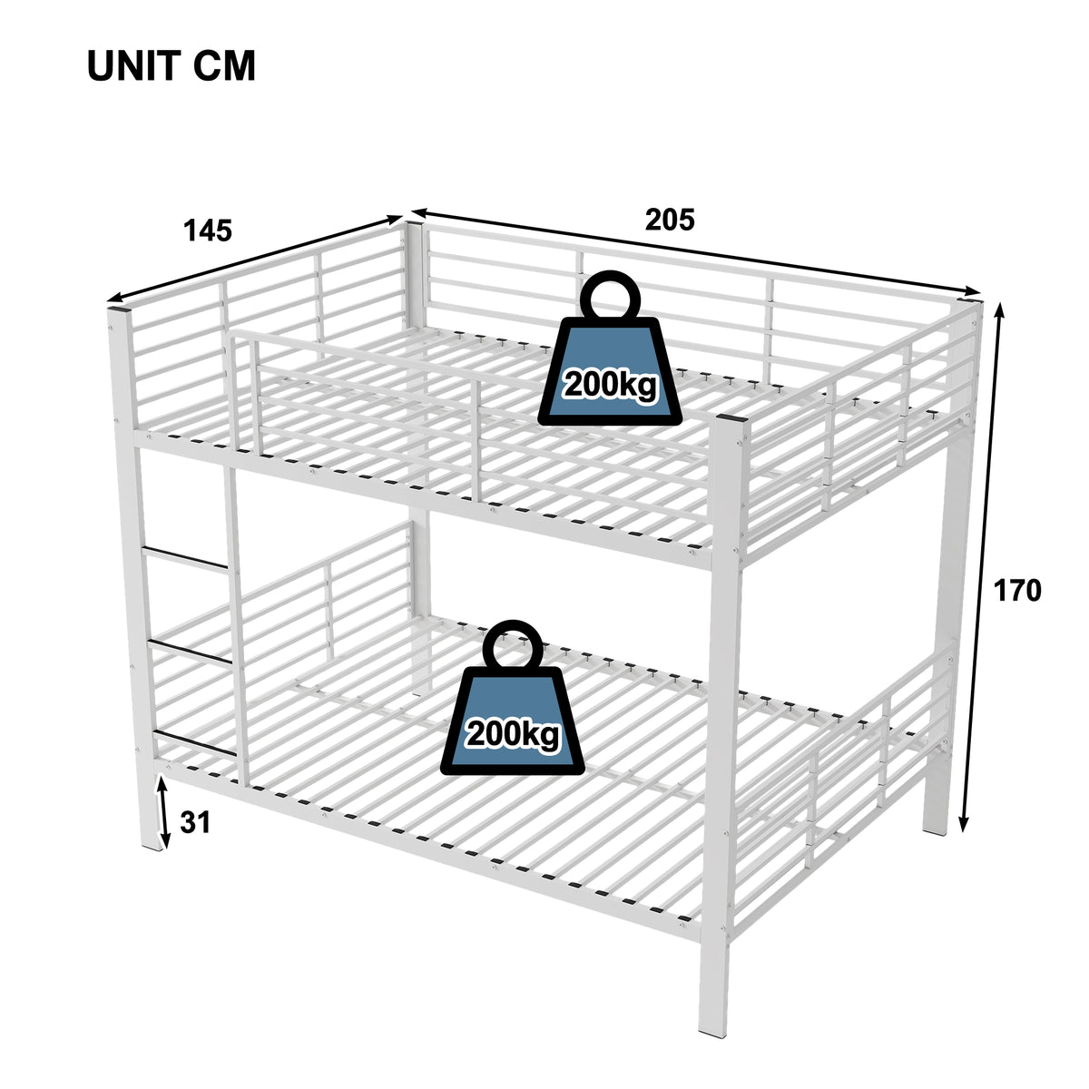 Bunk Bed 140x200 cm with Ladder & Fall Protection, White Metal