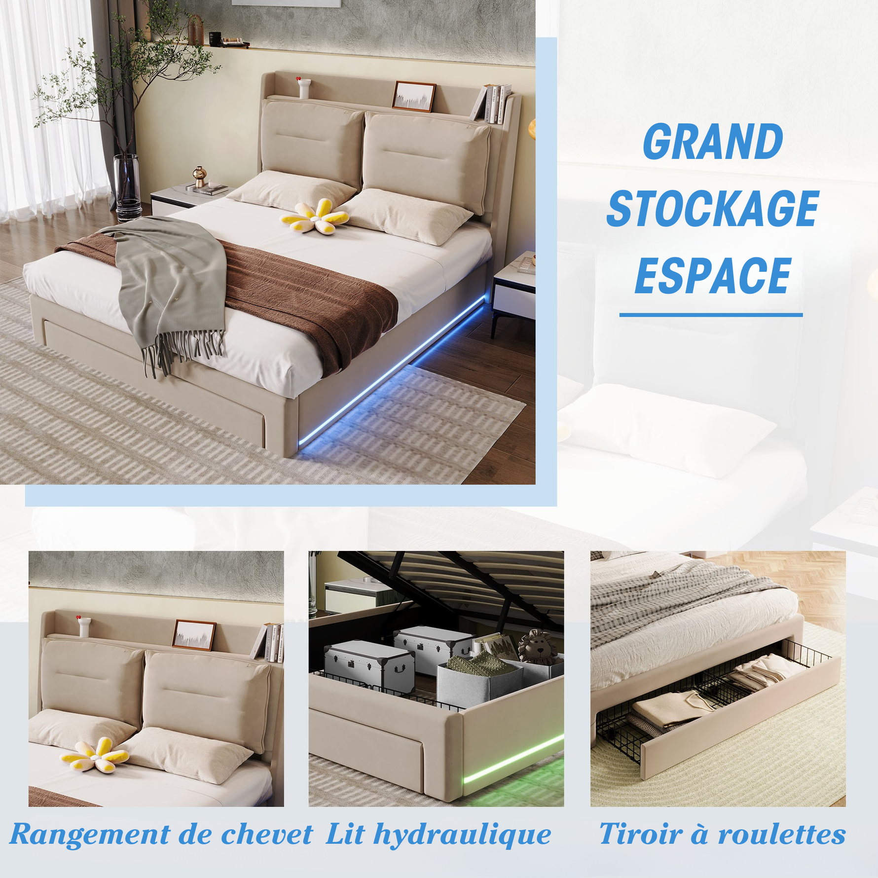 LED upholstered bed, 140 × 190 cm, hydraulic bed, 2-in-1 storage drawers at the foot of the bed, built-in LED light strips on both sides of the bed, slatted base, mattress not included, velvet, grey.