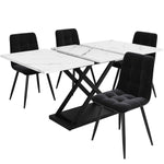 Dining Set 5-Piece Extendable Table 160cm 4 Chairs - White Marble/Black Velvet
