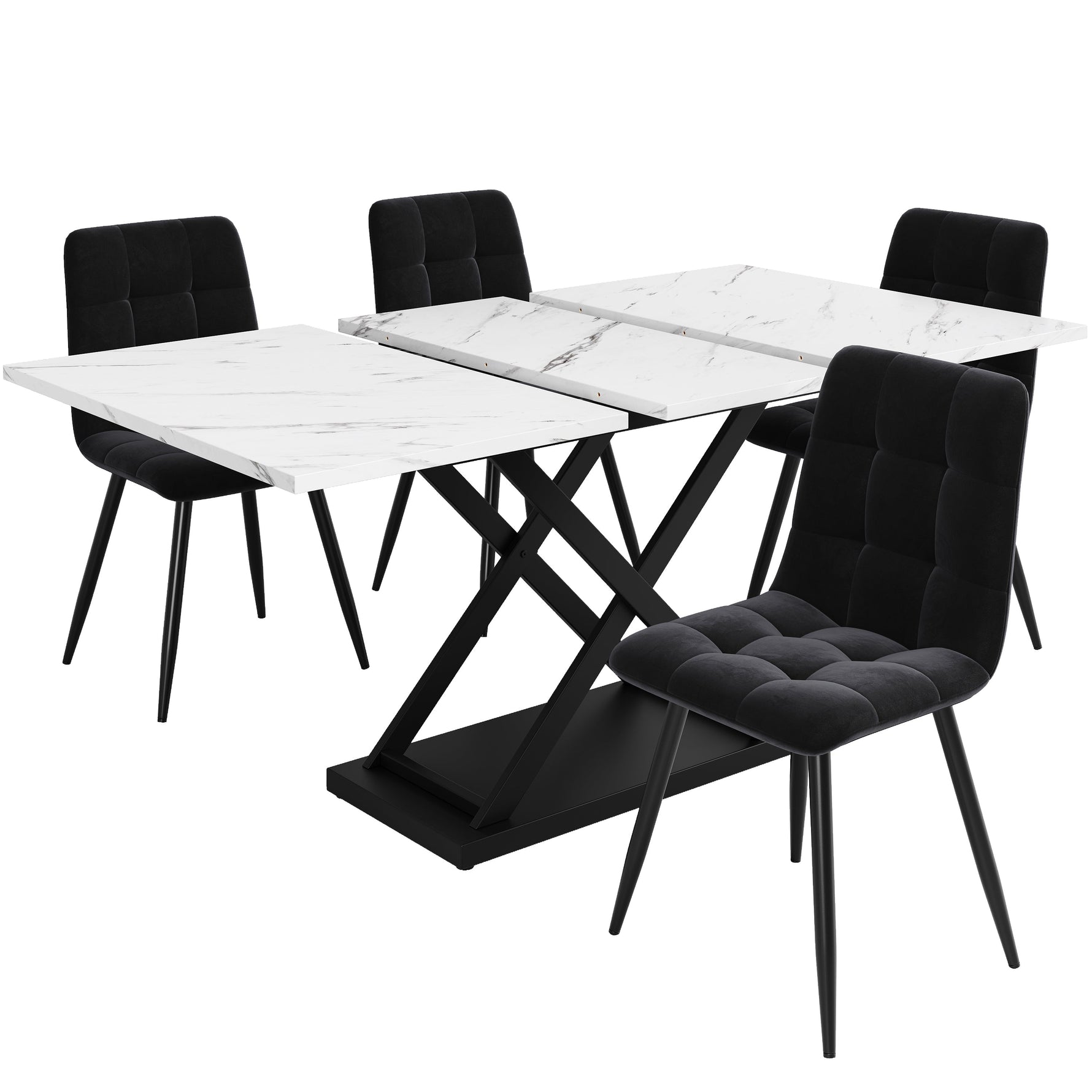 Dining Set 5-Piece Extendable Table 160cm 4 Chairs - White Marble/Black Velvet