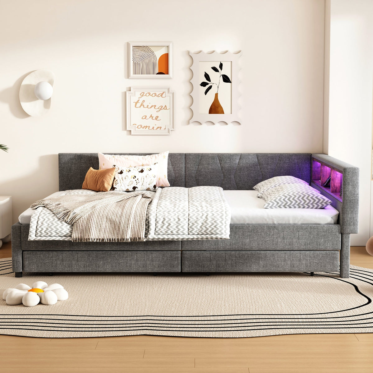 Daybed Sofa Bed 140x200cm Storage LED USB/Type-C 2 Drawers - Linen Grey