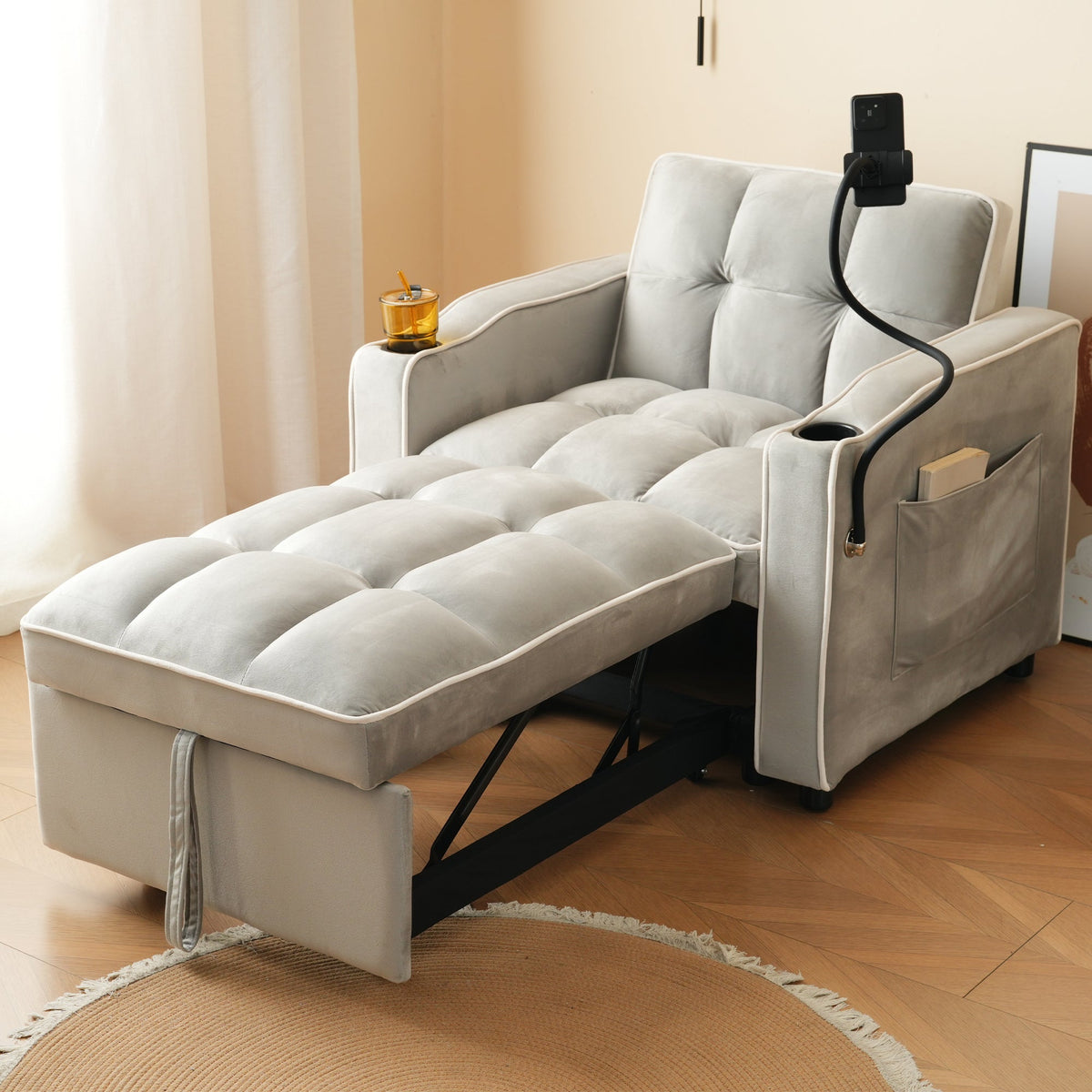 3-in-1 Extendable Single Sleeper Sofa with Cup/Phone Holders, Perfect for Small Spaces