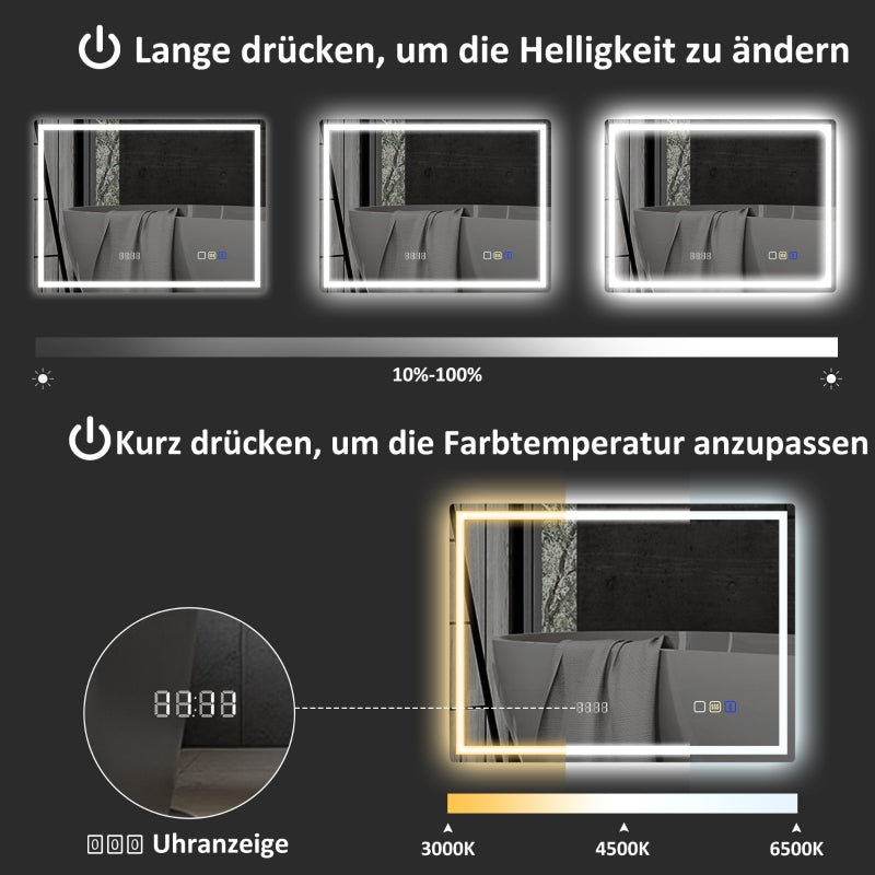 LED Bathroom Mirror 80x60 cm Bluetooth Anti-Fog Clock, Silver