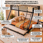 Metal Bunk Bed with Pull-Out Bed, 3 Sleeping Places, Black