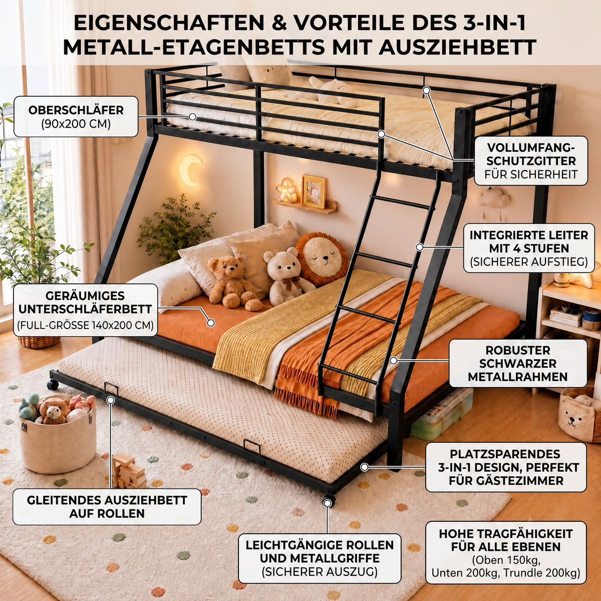 Metal Bunk Bed with Pull-Out Bed, 3 Sleeping Places, Black
