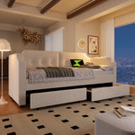 Upholstered Daybed 90x200cm with USB & 2 Drawers, Beige Velvet