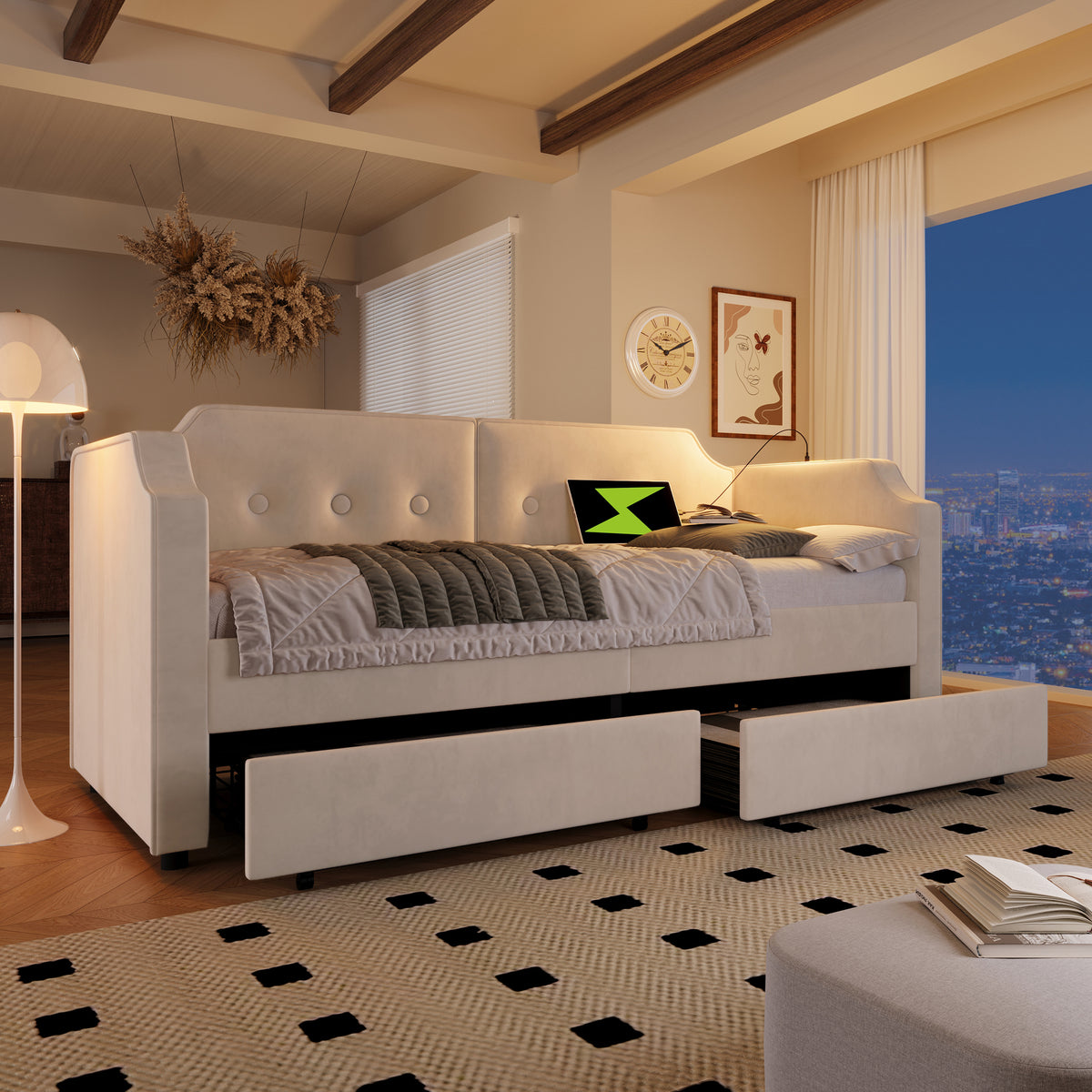 Upholstered Daybed 90x200cm with USB & 2 Drawers, Beige Velvet